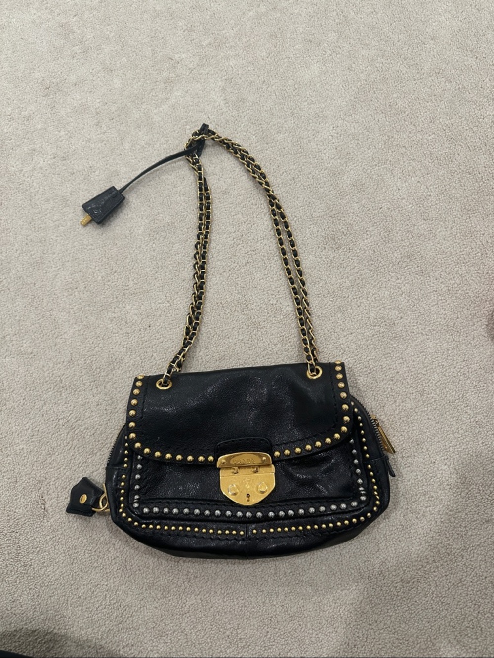 PRADA Black Leather Shoulder Bag with Gold Studs and Chain Strap